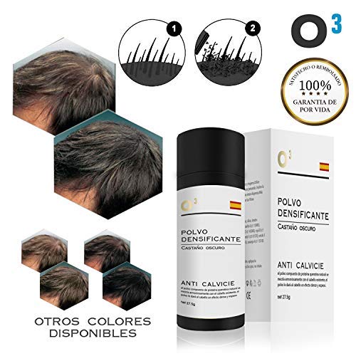 O³ Fibras Capilares Castaño Oscuro - Keratin Fibers Castaño Oscuro 100% Natural para Disimular Calvicie y Aumentar el volumen. Maquillaje Capilar por hombres y mujeres - 27,5 Gramos Neto