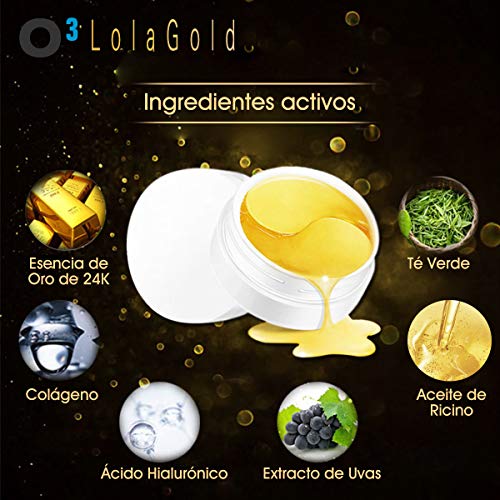 O³ Lola Gold Parches Ojos De Colageno – 60 Parches Antiojeras Hombre y Mujer Con Esencia De Oro Activo – Hidratación – Antiarrugas – Antiedad - Relajación | Contra Bolsas – Ojeras - Hinchazón