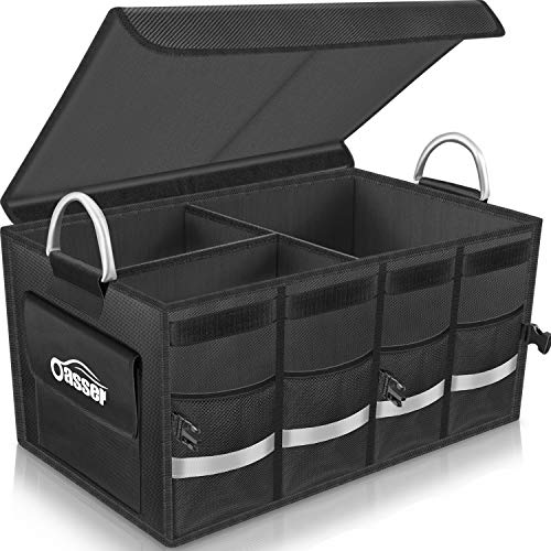 Oasser Organizador Maletero Coche Caja Maletero Coche Bolsa Maletero Coche Organizador Coche con Tapa Gran Capacidad Varios Compartimentos Asas Resistentes Impermeable Plegable Negro E3