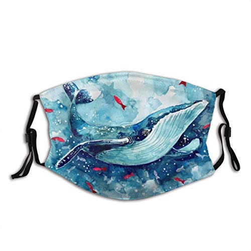 Ocean Animal Abstract Blue Whale Cute Watercolor Fish Art Printing For Kids Ocean Fabric Half Face Mask Mouth Masks with Earmuffs Anti Dust Anti Haze Windproof Mask