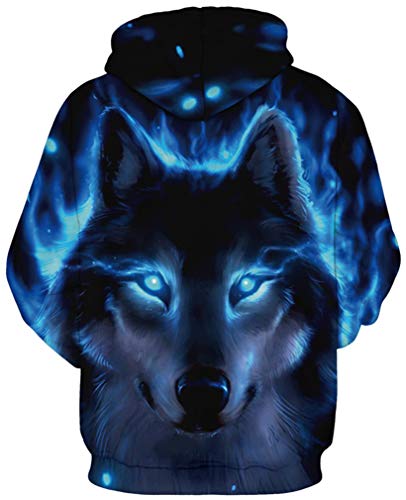 Ocean Plus Hombre Sudaderas con Capucha 3D Divertida Hoodie con Mangas Largas Unisex Streetwear Sudadera Deportiva con Cordón (L/XL (Cofre: 114-134CM), Lobo Negro con Ojos Azules)