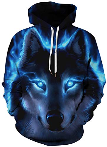 Ocean Plus Hombre Sudaderas con Capucha 3D Divertida Hoodie con Mangas Largas Unisex Streetwear Sudadera Deportiva con Cordón (L/XL (Cofre: 114-134CM), Lobo Negro con Ojos Azules)