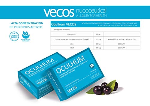 Oculhum Vecos para el cuidado, lubricación e hidratación ocular – Sustituto de colirio y lagrima artificial - Maquibrith®, zinc, vitamina A y Omega 3 para la sequedad y fatiga de los ojos – 30 cáps.