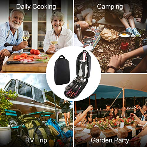 Odoland Juego de Cocina para Acampar, Utensilios de Cocina con Pinzas Cocina, Tijeras, Cuchillo, Cucharón de Arroz, Espátula Perforada, Cuchara de Sopa, Tabla de Cortar, Negro