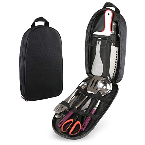 Odoland Juego de Cocina para Acampar, Utensilios de Cocina con Pinzas Cocina, Tijeras, Cuchillo, Cucharón de Arroz, Espátula Perforada, Cuchara de Sopa, Tabla de Cortar, Negro