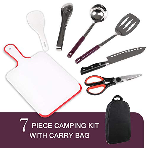 Odoland Juego de Cocina para Acampar, Utensilios de Cocina con Pinzas Cocina, Tijeras, Cuchillo, Cucharón de Arroz, Espátula Perforada, Cuchara de Sopa, Tabla de Cortar, Negro