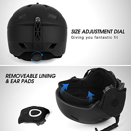 Odoland Kit de Casco de Esquí con Gafas de Esquí, Casco Deportivo Unisex para Adultos, Jóvenes y Niño, Protección UV 400 y a Prueba de Viento, Casco para Esquí y Montañismo, Negro, S:50-53cm