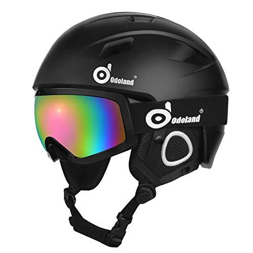 Odoland Kit de Casco de Esquí con Gafas de Esquí, Casco Deportivo Unisex para Adultos, Jóvenes y Niño, Protección UV 400 y a Prueba de Viento, Casco para Esquí y Montañismo, Negro, S:50-53cm