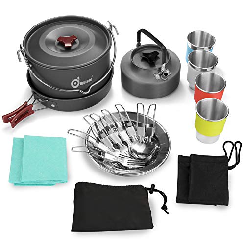 Odoland Utensilios Cocina Camping con Olla, Sartén, Hervidor de Camping, Plato, Tazas de Acero Inoxidable y Cubiertos Plegables, Kit de Cocina para Cocinar al Aire Libre