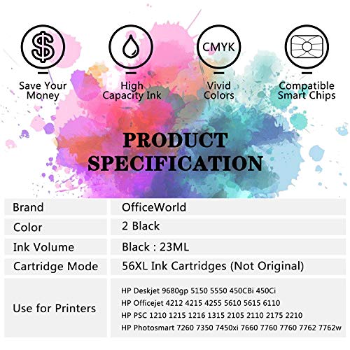 OfficeWorld 56 XL Remanufacturado HP 56 56XL Cartuchos de tinta 2 Negro Compatible con HP PSC 1210 1215 1315,HP Deskjet 5150 5550 450Ci,HP Photosmart 7350 7660 7760,HP Officejet 5610 4212 4215