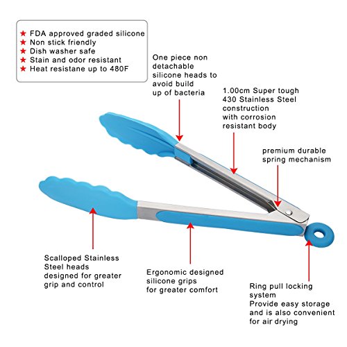 OITUGG Pinzas Barbacoa, Pinzas de Silicona, Pinzas de Cocina, Mango Antideslizante y Agarre Fácil de Acero Inoxidable, Adecuado para BBQ, Cocina, Ensalada, 3 Piezas (7", 9" y 12") by (3 Colors)