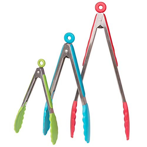 OITUGG Pinzas Barbacoa, Pinzas de Silicona, Pinzas de Cocina, Mango Antideslizante y Agarre Fácil de Acero Inoxidable, Adecuado para BBQ, Cocina, Ensalada, 3 Piezas (7", 9" y 12") by (3 Colors)