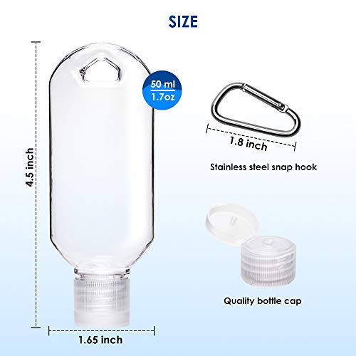 Olycism 10 Piezas 50ml Botellas de Viaje Recargables Vacías Botellas de Plástico con Mosquetón Recipiente Portátil de Plástico Transparente de Viaje para Desinfectante de Manos Contenedor