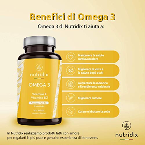 Omega 3 2000 mg por Dosis - Ácidos Grasos Esenciales DHA y EPA - Aceite de Pescado Puro Alta Concentración con Vitamina D y E - 60 Cápsulas Nutridix