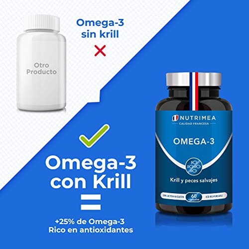 Omega 3 Aceite de Pescado Krill 1000 mg 4 Veces Potente DHA EPA Acidos Grasos Omega3 Capsulas Antioxidante Corazón Reduce Colesterol Azucar en Sangre Fish Oil Complemento Alimenticio Premium