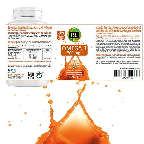 Omega 3 Cápsulas | Complemento alimenticio de Aceite de Pescado | Rico en EPA y DHA Para Mejorar la Absorción del Organismo | 225 Cápsulas - Aquisana