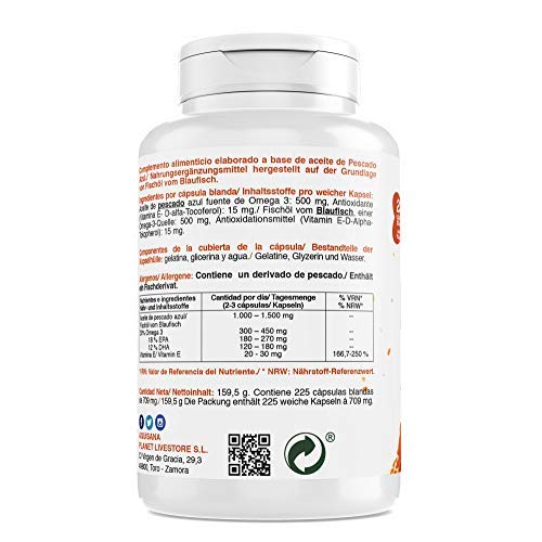 Omega 3 Cápsulas | Complemento alimenticio de Aceite de Pescado | Rico en EPA y DHA Para Mejorar la Absorción del Organismo | 225 Cápsulas - Aquisana