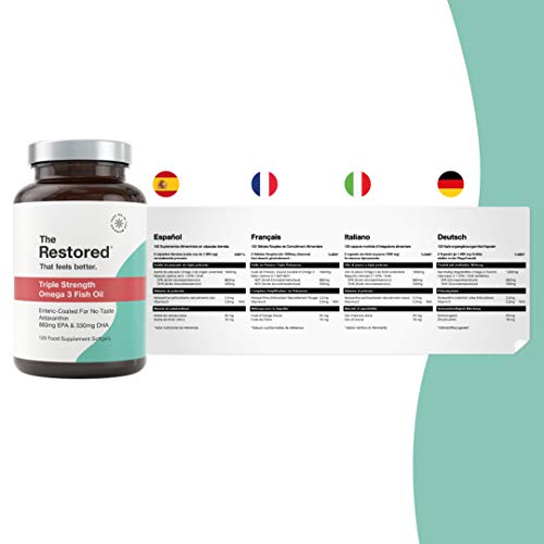 Omega 3 - El único aceite de pescado de triple potencia con antioxidantes para el corazón, la vista y el cerebro - Recubrimiento especial sin sabor a pescado - Cápsulas de 1000 mg fáciles de tragar