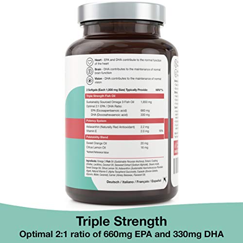 Omega 3 - El único aceite de pescado de triple potencia con antioxidantes para el corazón, la vista y el cerebro - Recubrimiento especial sin sabor a pescado - Cápsulas de 1000 mg fáciles de tragar