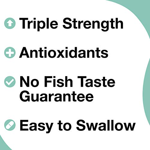 Omega 3 - El único aceite de pescado de triple potencia con antioxidantes para el corazón, la vista y el cerebro - Recubrimiento especial sin sabor a pescado - Cápsulas de 1000 mg fáciles de tragar
