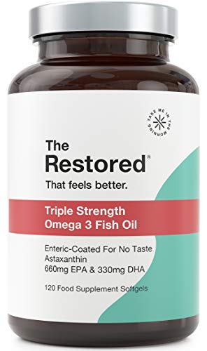Omega 3 - El único aceite de pescado de triple potencia con antioxidantes para el corazón, la vista y el cerebro - Recubrimiento especial sin sabor a pescado - Cápsulas de 1000 mg fáciles de tragar
