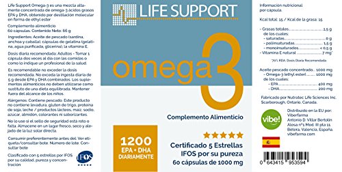 Omega 3 LS (60 cápsulas de 1000 mg) Certificado IFOS. Forma Ethyl Ester. Altamente concentrado: 400 mg de EPA y 200 mg de DHA. De grado farmacéutico, ultra-refinado y molecularmente destilado.