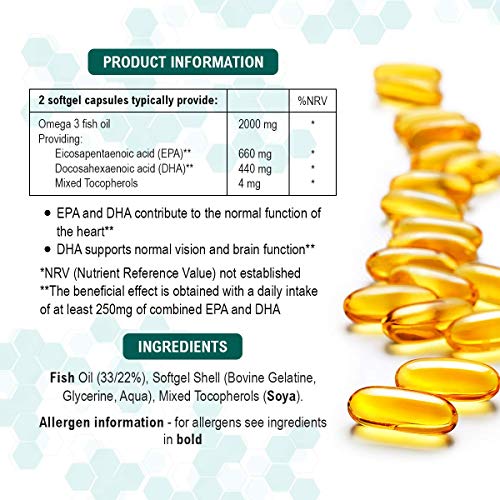 Omega 3 triple potencia con Aceite de Pescado| 2000mg, 660 EPA 440 DHA por porción | 180 Cápsulas Blandas Premium sin GMO y sin Glute | Hecho en UK por Iron Ore Health