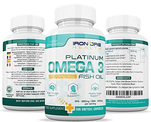 Omega 3 triple potencia con Aceite de Pescado| 2000mg, 660 EPA 440 DHA por porción | 180 Cápsulas Blandas Premium sin GMO y sin Glute | Hecho en UK por Iron Ore Health