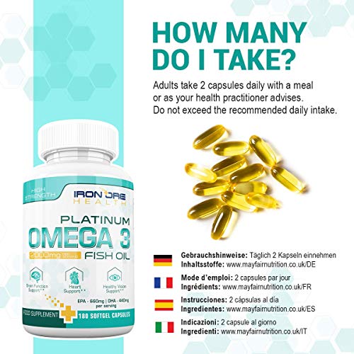 Omega 3 triple potencia con Aceite de Pescado| 2000mg, 660 EPA 440 DHA por porción | 180 Cápsulas Blandas Premium sin GMO y sin Glute | Hecho en UK por Iron Ore Health