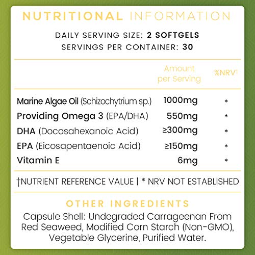 Omega 3 Vegano Aceite de Algas Marinas 1000 mg - 550mg de EPA y DHA, Suplemento Para Salud de Cerebro, Hígado y Corazón, Controla Colesterol, Mejora Presión Arterial, Con Vitamina E 60 Cápsulas