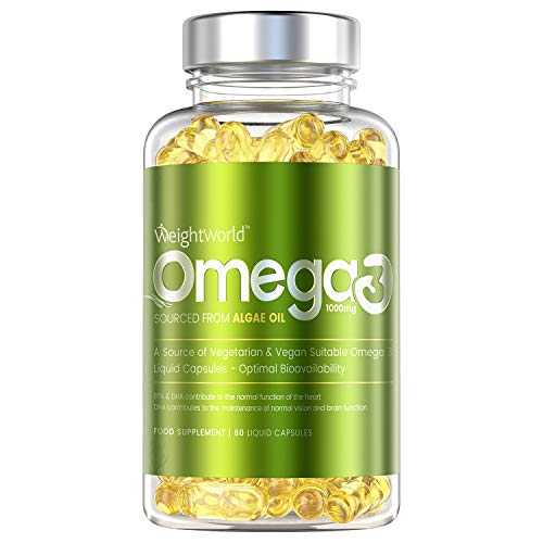 Omega 3 Vegano Aceite de Algas Marinas 1000 mg - 550mg de EPA y DHA, Suplemento Para Salud de Cerebro, Hígado y Corazón, Controla Colesterol, Mejora Presión Arterial, Con Vitamina E 60 Cápsulas