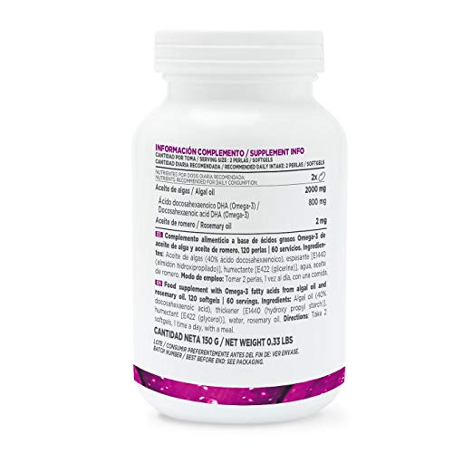 Omega 3 Vegetal de HSN | A partir de Aceite Puro de Algas | 800mg de DHA por Dosis Diaria | Sin Olor, Sin Reflujo | Vegano, Sin Gluten, Sin Lactosa, Sin Gelatina, 120 perlas