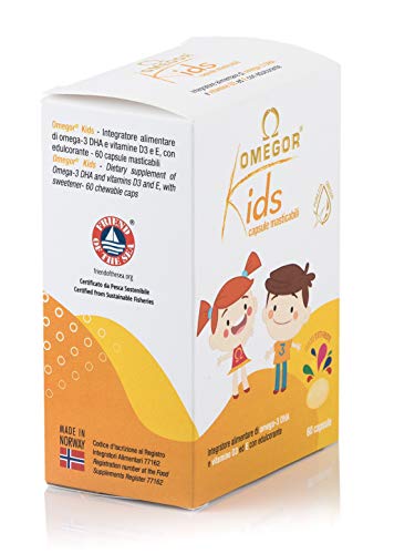 Omegor Kids - Cápsulas Blandas, en Gelatina de Pescado, Endulzadas y Masticables, 250 mg de omega-3 DHA, 60 Cápsulas