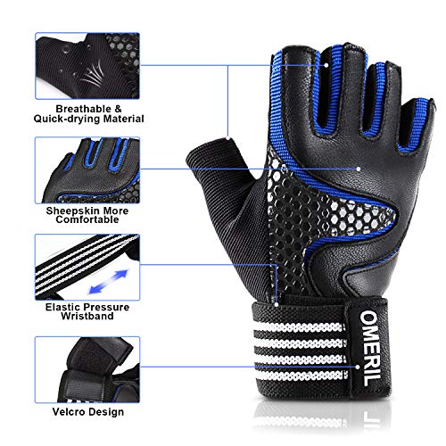 OMERIL Guantes Gimnasio para Hombre y Mujer, Gym Guantes Transpirable con Protección Completa de Muñeca y Palma, Antideslizante Guantes Crossfit para Levantamiento de Pesas, Musculación, Fitness - M