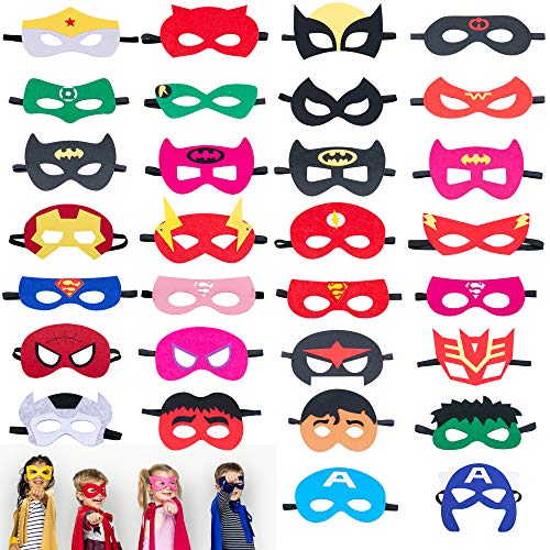 Omew Máscaras de Superhéroe, Accesorio de Fiesta Infantil y Adultos,Máscaras de Fieltro Mitad Máscara de Cosplay con Cuerda Elástica Máscaras de Ojos para Niños Mayores de 3 años（30 Pcs）