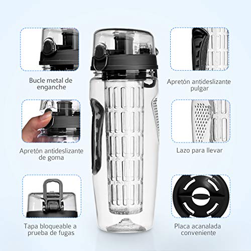 OMORC Botella Agua Deportiva, 1L Botella de Agua con Filtro Infusor de Fruta, sin BPA Reutilizable y Fitness para Niños, Oficina, Gimnasio, Yoga, Bici Incluye un Cepillo de Limpieza