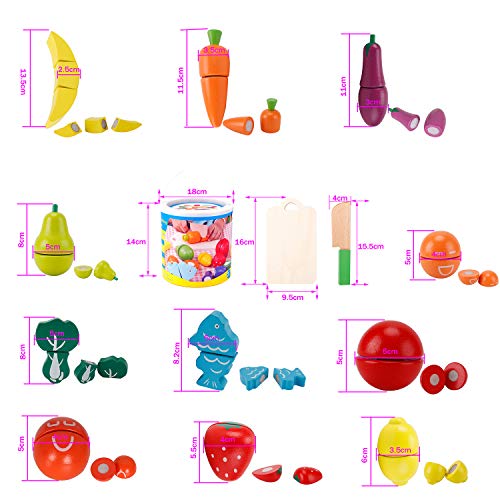 omyzam Juguetes de Madera Comida de Juguete para Niños Frutas y Verduras Juguete Montessori para Cortar Madera Juguete Juegos Educativos para Niños y Niñas de 2+ Años Regalo de Cumpleaños