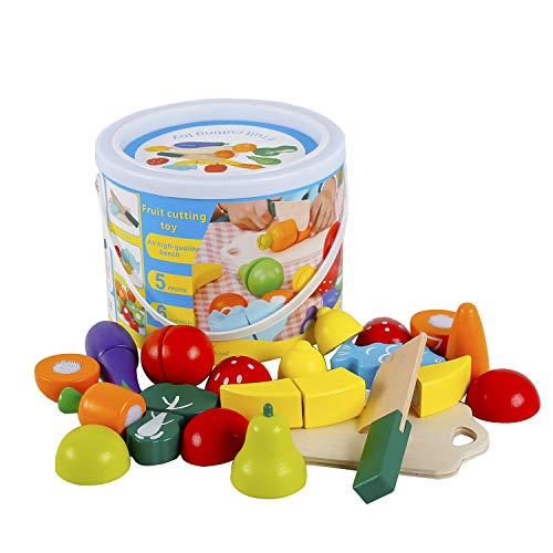 omyzam Juguetes de Madera Comida de Juguete para Niños Frutas y Verduras Juguete Montessori para Cortar Madera Juguete Juegos Educativos para Niños y Niñas de 2+ Años Regalo de Cumpleaños