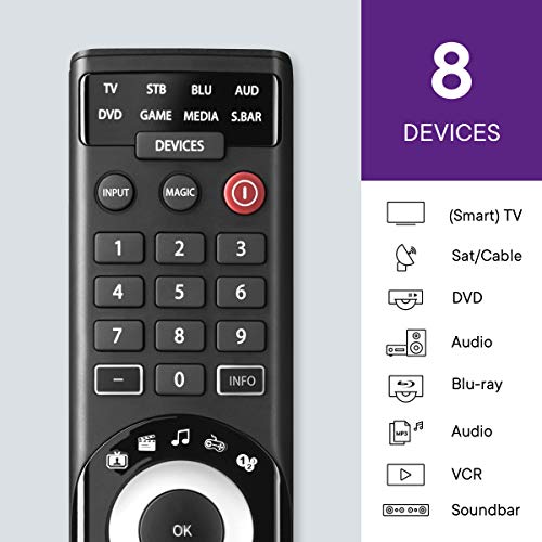 One For All URC7980 Smart Control 8 – Mando a Distancia Universal para 8 Dispositivos – 100% Compatible – App Gratuita para configuración – Negro