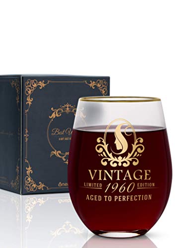 Onebttl Regalos de Cumpleaños 60 Mujeres y Hombres – Vaso de Vino 530ml – Decoraciones Cumpleaños 1960 para Mujeres – Ideas 60 para Ella, Mamá, Papá, Esposo, Esposa – Regalo Vintage 1960