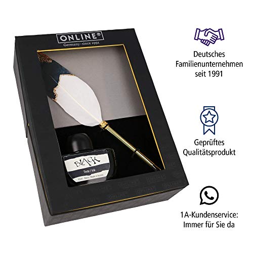 Online Feather Dip Vintage Calligraphy - Juego de caligrafía con tintero de tinta (50 ml, 5 tarjetas de felicitación, pluma de caligrafía de 1,5 mm, en caja de regalo, pluma de ganso), color negro