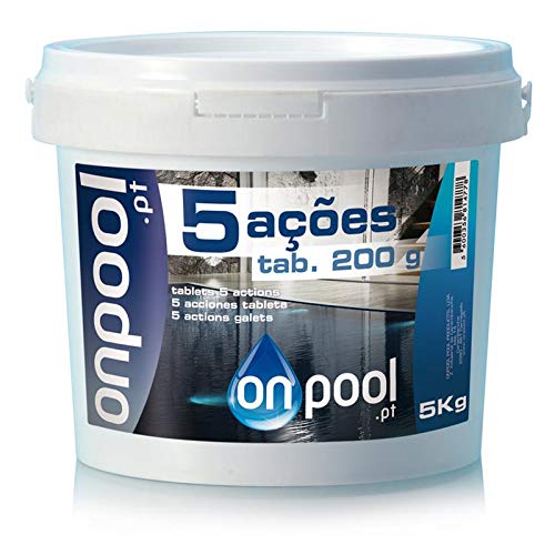 Onpool - Cloro 5 Acciones 5 Kg en Pastillas de 200 g para Piscina - Ideal para Uso como desinfectante, antialgas, clarificador, estabilizador de Cloro y antihongoS