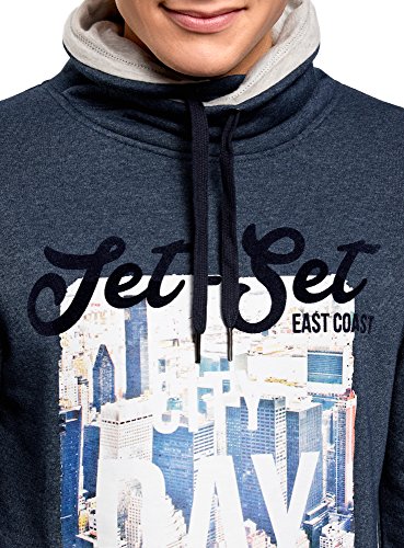 oodji Ultra Hombre Suéter Estampado con Cuello Alto, Azul, ES 50 / M