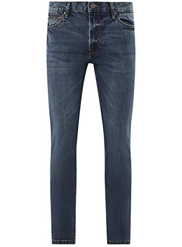 oodji Ultra Hombre Vaqueros Slim con Cremallera Decorativa en el Bolsillo, Azul, 31W / 34L