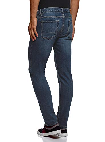 oodji Ultra Hombre Vaqueros Slim con Cremallera Decorativa en el Bolsillo, Azul, 31W / 34L