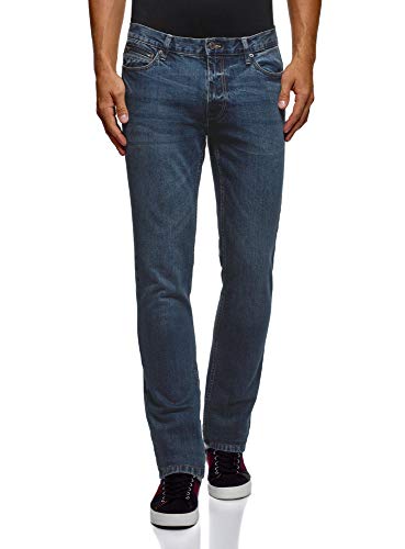 oodji Ultra Hombre Vaqueros Slim con Cremallera Decorativa en el Bolsillo, Azul, 31W / 34L