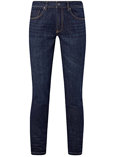 oodji Ultra Hombre Vaqueros Slim con Puntadas en los Bolsillos, Azul, 31W / 32L