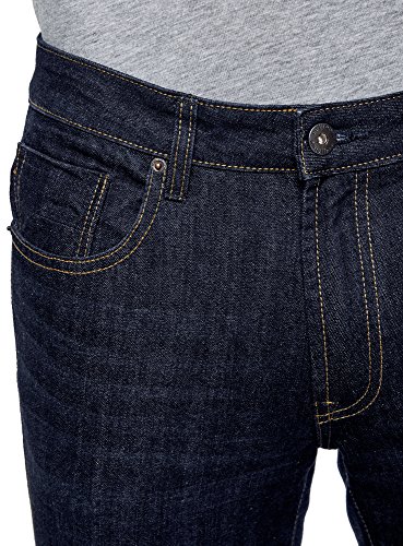 oodji Ultra Hombre Vaqueros Slim con Puntadas en los Bolsillos, Azul, 31W / 32L