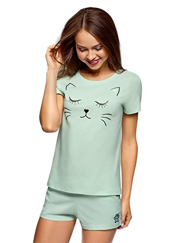 oodji Ultra Mujer Pijama de Algodón con Estampado, Verde, ES 36 / XS