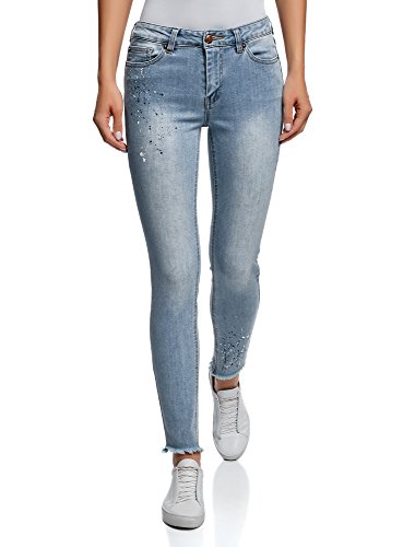 oodji Ultra Mujer Vaqueros Skinny con Estampado Salpicaduras, Azul, 30W / 32L
